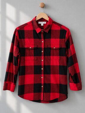Old Navy, Light Flannel Boyfriend Shirt, Red & Black Buffalo Plaid, US Large